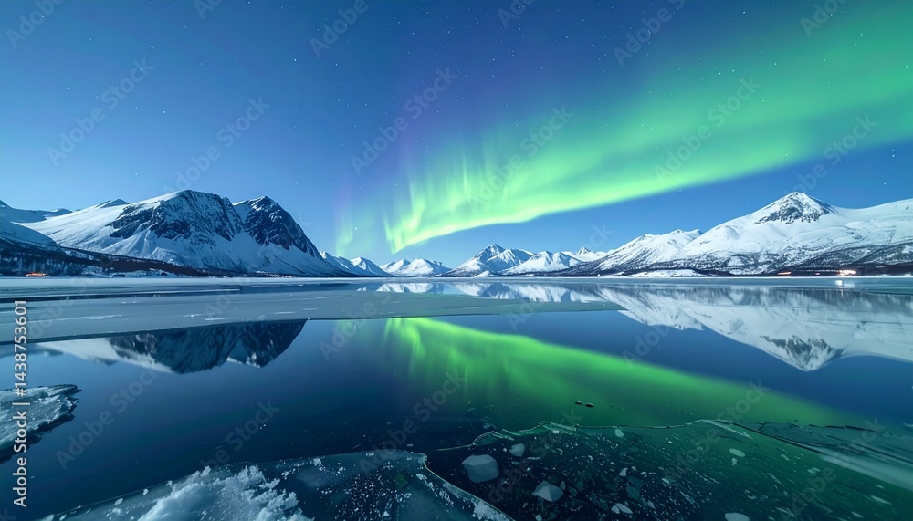 Naklejka premium Aurora borealis reflected in a frozen mirror lake, surrounded by snowy mountains under a crystal clear night sky