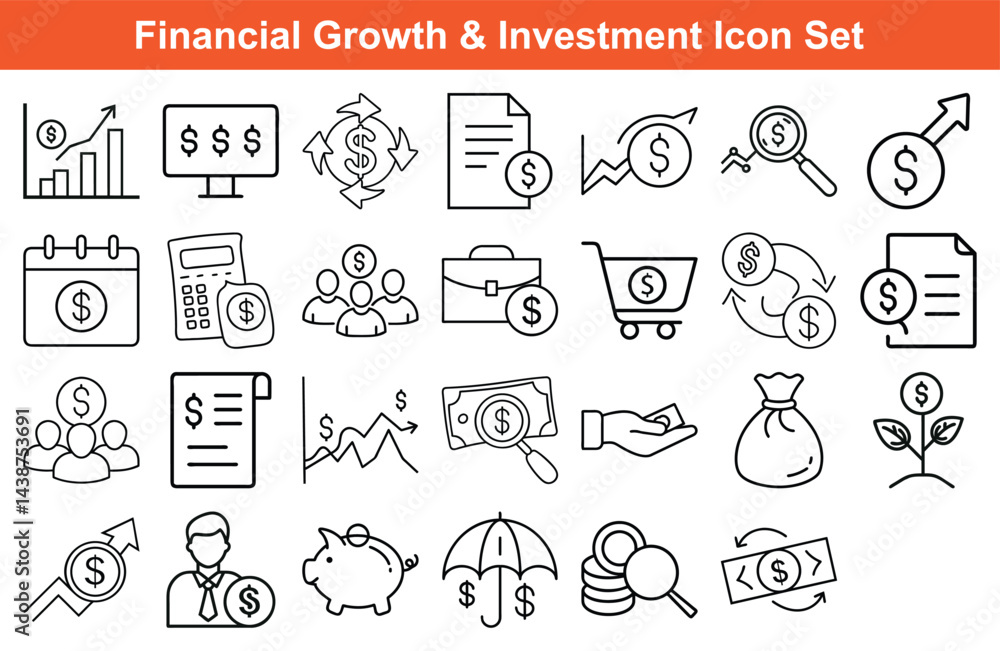 Fototapeta premium Various financial icons demonstrate investments, growth, and economic concepts, depicted as transparent line art