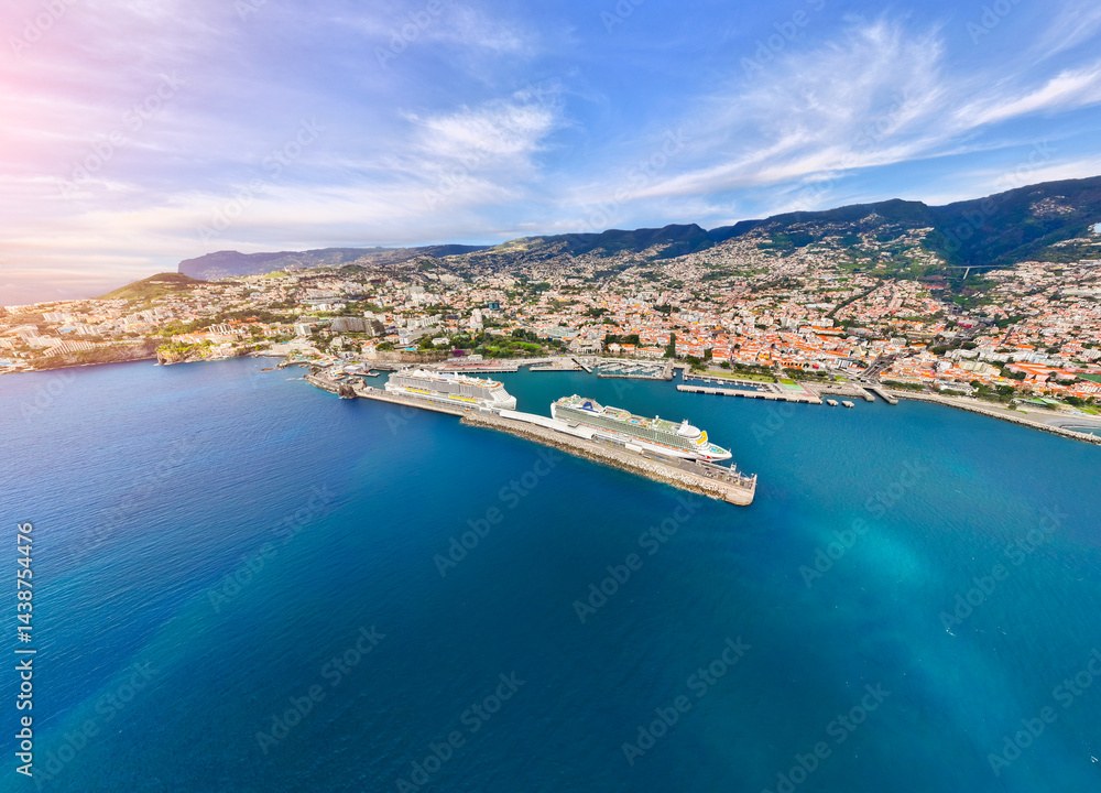 Majestic cruise ship sailing across tranquil waters near vibrant coastal town