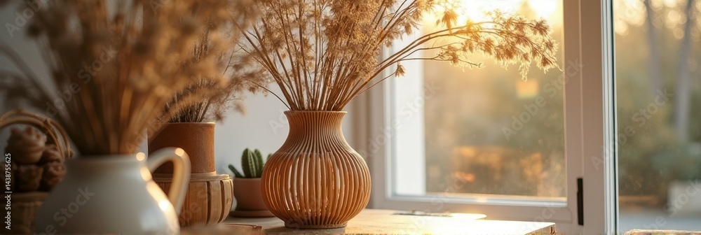 Fototapeta premium Sunlit dried flowers in vase on wooden table by window with warm light