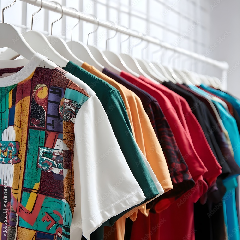 Obraz premium Bold graphic tees hanging on white backdrop creating striking visual collage for streetwear fashion campaigns
