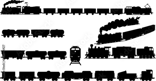 Freight train with locomotive, passenger train icons collection. Black silhouette of freight trains collection. Set of railway transport. Black wagon and locomotive