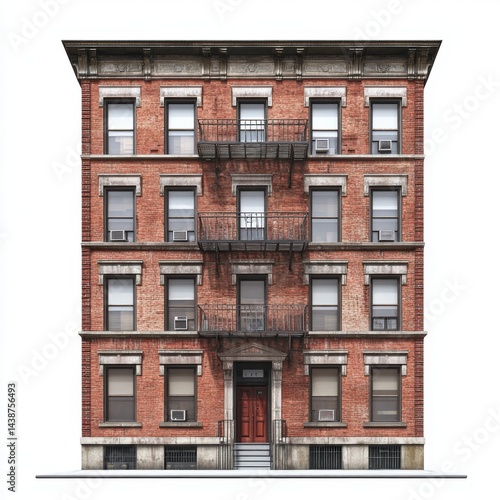 Classic New York City tenement.  Detailed facade of a multi-story residential building, showcasing brickwork, windows, balconies, and architectural details.  Well-preserved historic style