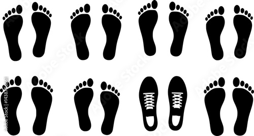Set of human footprints icon. Foot imprint, footsteps icon collection. Human footprints silhouette. Barefoot, sneaker and shoes footstep icons
