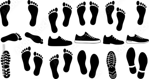 Set of human footprints icon. Foot imprint, footsteps icon collection. Human footprints silhouette. Barefoot, sneaker and shoes footstep icons
