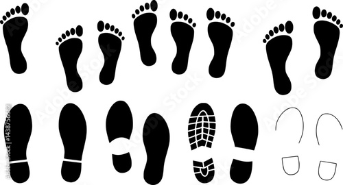 Set of human footprints icon. Foot imprint, footsteps icon collection. Human footprints silhouette. Barefoot, sneaker and shoes footstep icons

