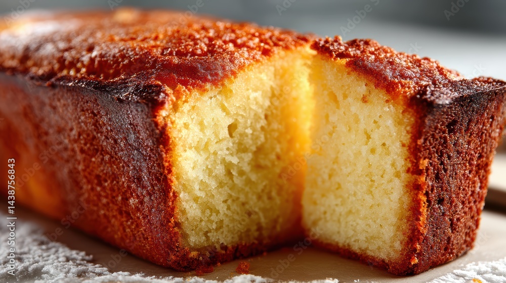 a close-up of a soft, buttery pound cake with a golden-brown crust on a white isolated background, light and moist design a close-up of a soft, buttery pound cake with a golden-brown crust on a white isolated background, light and moist design