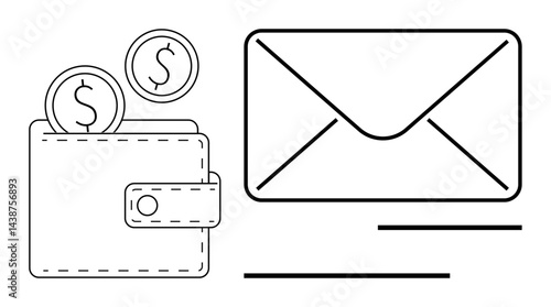 Wallet with coins next to a closed envelope, conveying money handling, financial messages, payment methods, budgeting, savings, business correspondence. Ideal for finance, banking savings payments