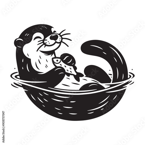 Otter Floating on Back Holding a Fish silhouette vector style with White Background	