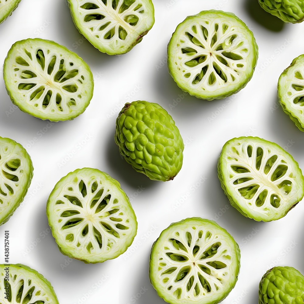Cross section cherimoya fruit pattern showcasing intricate tropical seed cell structure on white minimalist backdrop Cross section cherimoya fruit pattern showcasing intricate tropical seed cell structure on white minimalist backdrop