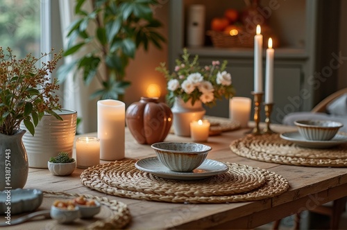 Cozy candlelit dining table with rustic decor and floral arrangements