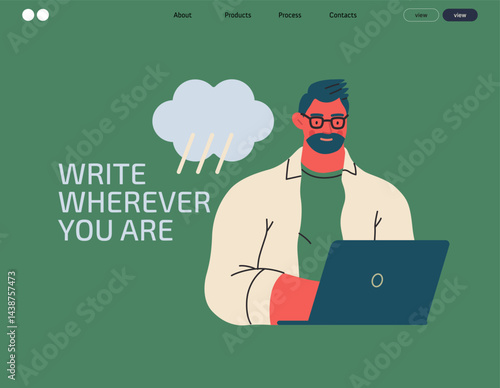 Writing people, modern flat vector concept illustration- sitting man thoughtfully writing on laptop, bubble near head Metaphor for reflection, personal insight, contemplation, creative expression