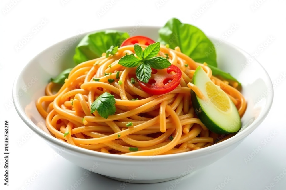 Close-up vibrant noodles with vegetables, isolated on white, sauce, dinner, image Close-up vibrant noodles with vegetables, isolated on white, sauce, dinner, image