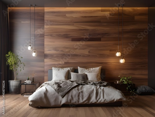 Transform Your Sanctuary with Warm Walnut Accent Wall in Bedroom Featuring Highly Detailed Wood Grain
