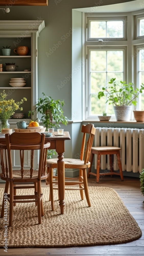 Fototapeta premium Cozy rustic dining room with wooden furniture and indoor plants by a sunlit window