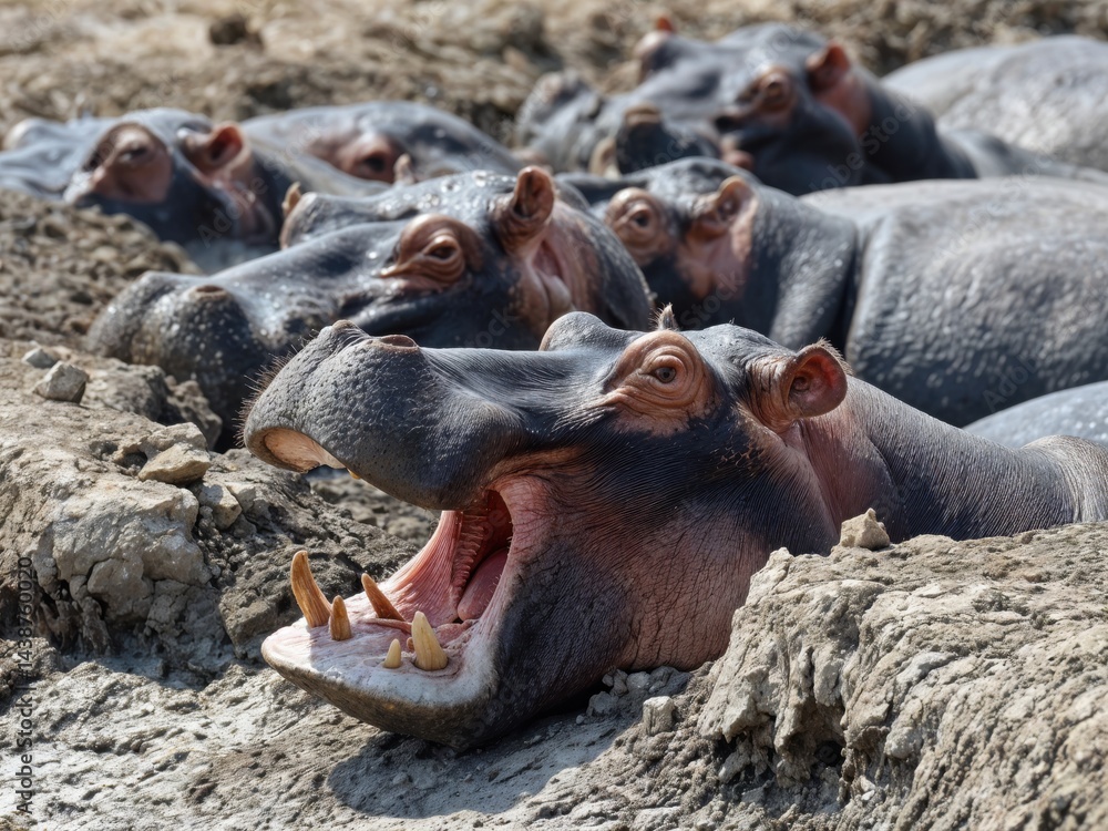 A group of hippos relaxes in a muddy riverbank as the warm afternoon sun highlights their massive bodies. One hippo yawns widely, showing its large teeth, reflecting the vibrant wildlife.