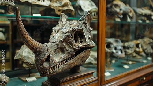 Detailed view of a dinosaur skull exhibit in a museum showcasing various fossils in glass cases