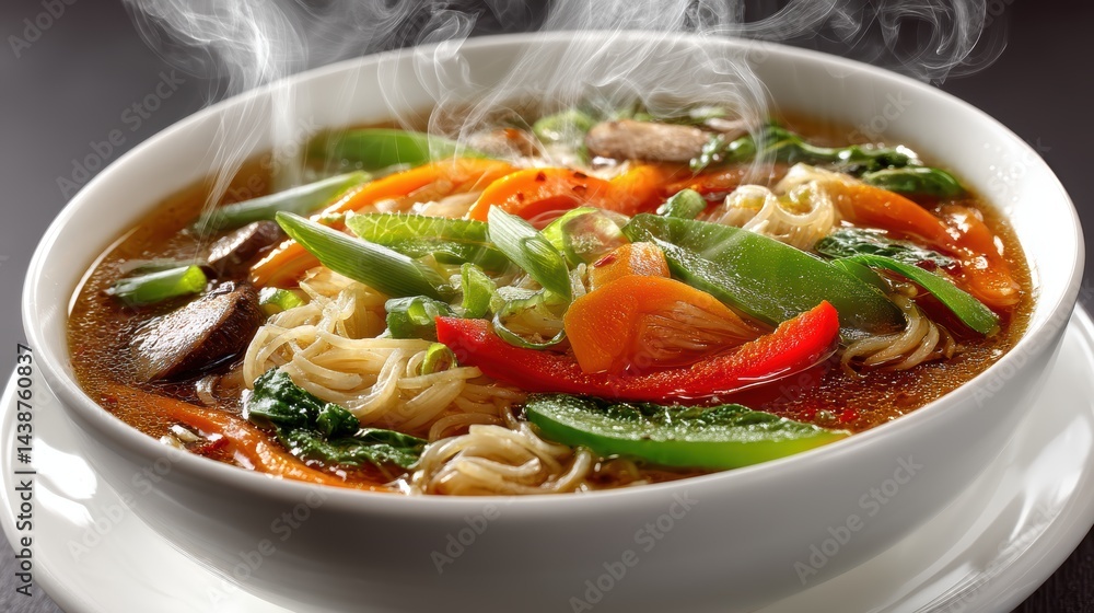 a steaming bowl of hot soup with tender noodles, vegetables, and a rich broth on a white isolated background, warming and nutritious design a steaming bowl of hot soup with tender noodles, vegetables, and a rich broth on a white isolated background, warming and nutritious design
