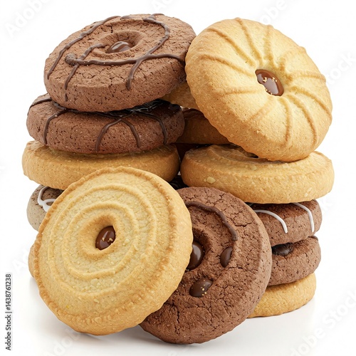 Stack of assorted cookies isolated on a white background.