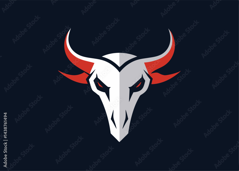 Geometric Bull Skull Silhouette: A bold, stylized silhouette of a bull skull with sharp, geometric shapes and striking red horns against a dark background, conveying strength. Geometric Bull Skull Silhouette: A bold, stylized silhouette of a bull skull with sharp, geometric shapes and striking red horns against a dark background, conveying strength.