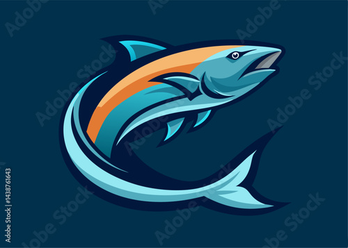 Aqua Luminescence: a vibrant, illustrative representation of a salmon, elegantly leaping, set against a tranquil, deep blue backdrop. Capturing a moment of grace and strength. 