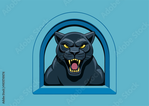 Menacing Panther's Gaze: A fierce illustration of a black panther, captured within an arched frame, its glowing eyes and open jaws portray intensity and strength. 