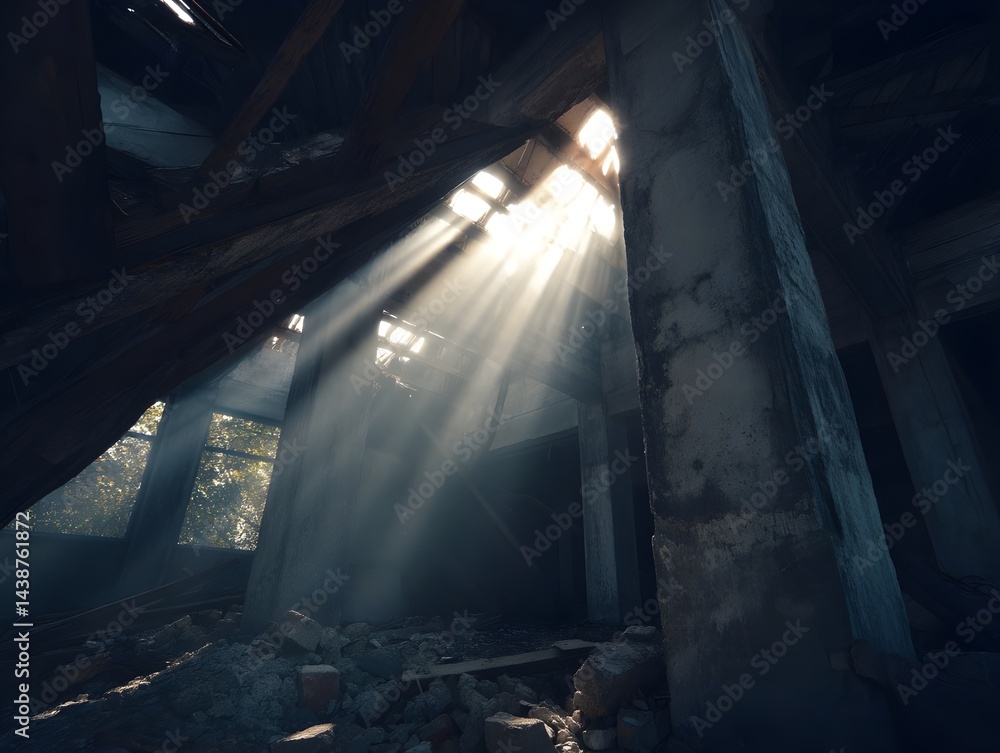 Obraz premium Capture Dramatic Sunlight Rays Piercing Skeletal Building Frameworks Highlighting Architectural Decay Through Atmospheric Photography Techniques