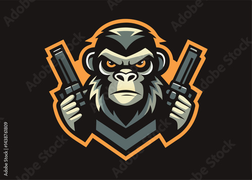 Rage Gorilla with Guns: A fierce gorilla with glaring eyes brandishes two guns, conveying intensity and strength. The image is perfect for any type of aggressive use.