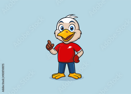 Friendly Bird Mascot: A cheerful cartoon bird mascot, wearing a red shirt and blue pants, points with a friendly gesture. Perfect for children's products, branding, or educational materials.