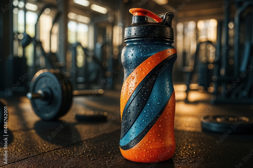 Amid heavy weights and fitness equipment, a bright, condensation-covered water bottle captures the essence of dedication and hydration during a workout session.