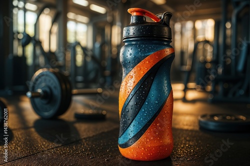 Obraz na płótnie Amid heavy weights and fitness equipment, a bright, condensation-covered water bottle captures the essence of dedication and hydration during a workout session. w salonie