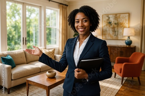 A poised woman in a tailored suit stands in a beautifully decorated living room, gesturing towards the spacious windows that let in warm sunlight, embodying professionalism and elegance.
