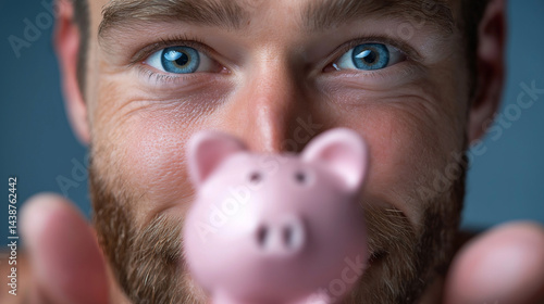 Obraz na płótnie Mann mit blauen Augen hält rosa Sparschwein vor Gesicht w salonie