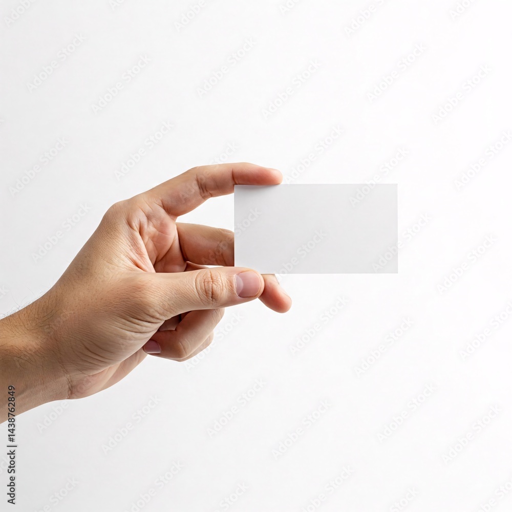 Obraz premium Man's hand holding a blank white business card on a white background. Business contact,