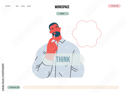 Thinking people, modern flat vector concept illustration- man standing thoughtfully, looking upwards, bubble near his head Metaphor for reflection, analysis, introspection, contemplation, deep thought