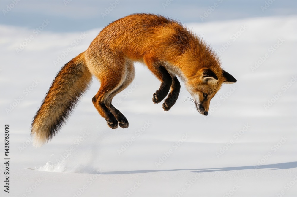 A vibrant red fox leaps gracefully through the crisp snow of winter, showcasing its agility and playful spirit against a background of soft, white terrain at dawn.