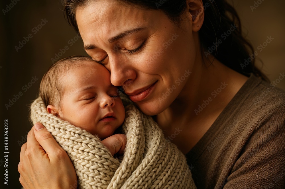 An emotional moment unfolds in a cozy setting as a mother holds her newborn close, wrapped in a soft blanket, radiating love and tenderness between them.