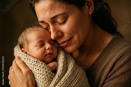 Obraz na płótnie An emotional moment unfolds in a cozy setting as a mother holds her newborn close, wrapped in a soft blanket, radiating love and tenderness between them. w salonie