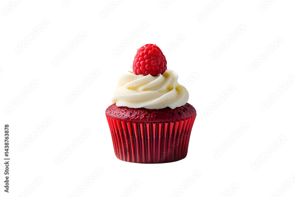 Single Red Velvet Cupcake with White Frosting and Raspberry Isolated on White for Dessert Concepts: Romantic Treat Imagery: Cupcake, Red, Velvet, Isolated, White, Dessert, Sweet, Raspberry, Frosting. Single Red Velvet Cupcake with White Frosting and Raspberry Isolated on White for Dessert Concepts: Romantic Treat Imagery: Cupcake, Red, Velvet, Isolated, White, Dessert, Sweet, Raspberry, Frosting.