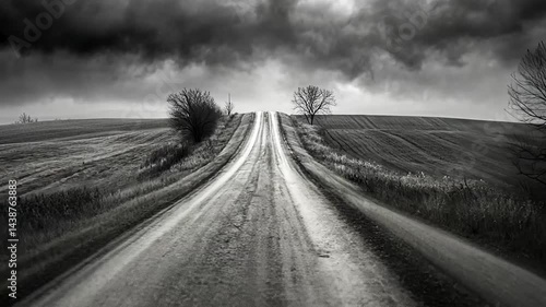 Rural dirt road under stormy sky, leading to the horizon
