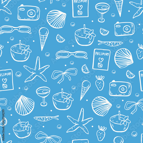 Wallpaper Mural Sea life doodle hand drawn seamless pattern. Mediterranean life in blue color Torontodigital.ca