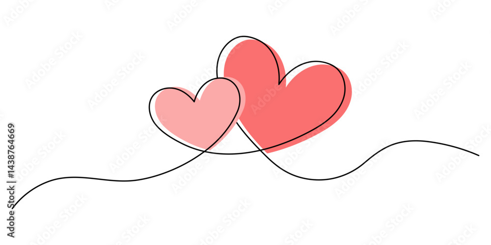 Two intertwined hearts in a continuous line drawing. Simple line art of two overlapping hearts for Valentine's Day Two intertwined hearts in a continuous line drawing. Simple line art of two overlapping hearts for Valentine's Day