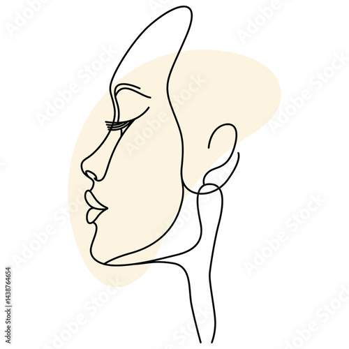 Minimalist one line drawing of a woman's face profile with a beige shape.