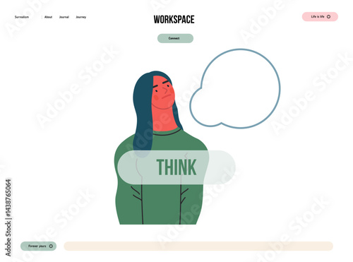 Thinking people, modern flat vector concept illustration- woman standing thoughtfully, looking upwards, bubble near head Metaphor for reflection, analysis, introspection, contemplation, deep thought