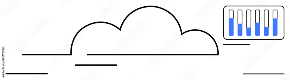 Outline of a cloud with horizontal lines suggesting data flow, and a data chart with scaling metrics. Ideal for technology, cloud storage, big data, networking, analytics, dashboards, simple landing Outline of a cloud with horizontal lines suggesting data flow, and a data chart with scaling metrics. Ideal for technology, cloud storage, big data, networking, analytics, dashboards, simple landing