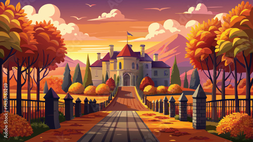 Very beautiful Autumn Sunset Over Gated Road, leading to opulent homes nestled on sprawling acreage surrounded by picturesque scenery.