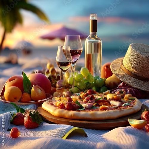 Realistic Image of Picnic Table with Wine and Hat for Ferragosto