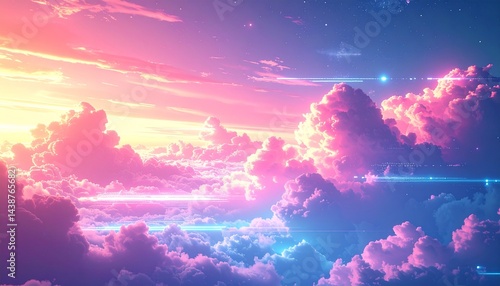 Dreamcore glitch with soft glowing lights and pixelated clouds