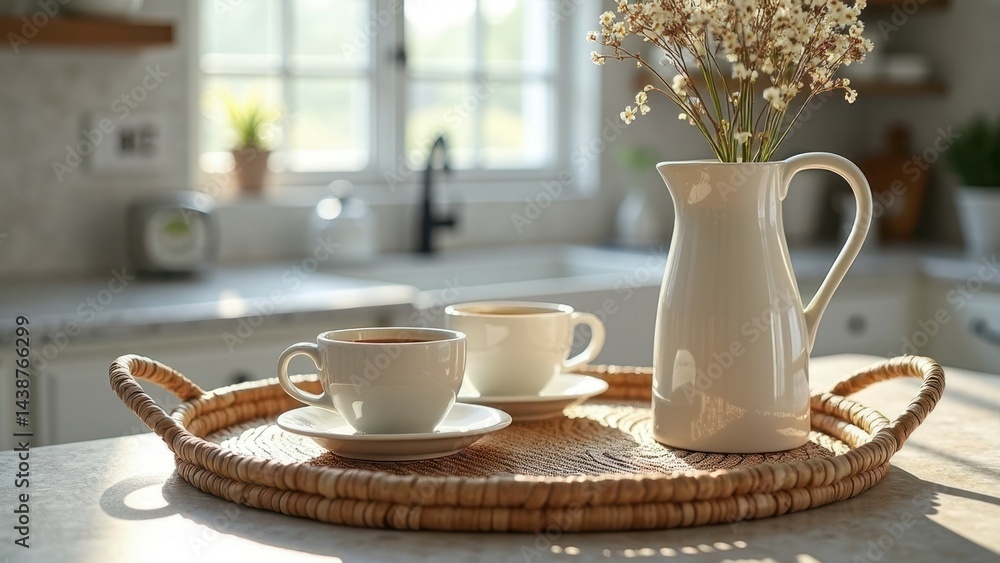 Fototapeta premium Sunlit kitchen setting with teacups and flowers on wicker tray