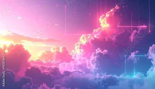 Dreamcore glitch with soft glowing lights and pixelated clouds